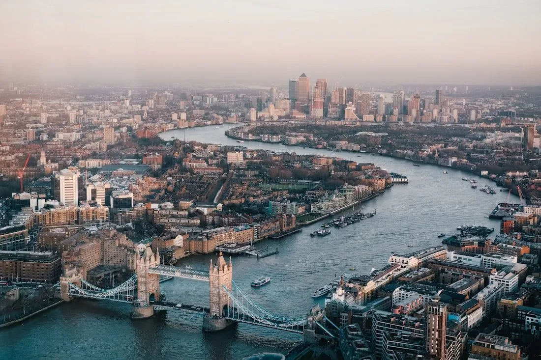 An aerial view of London along the River Thames